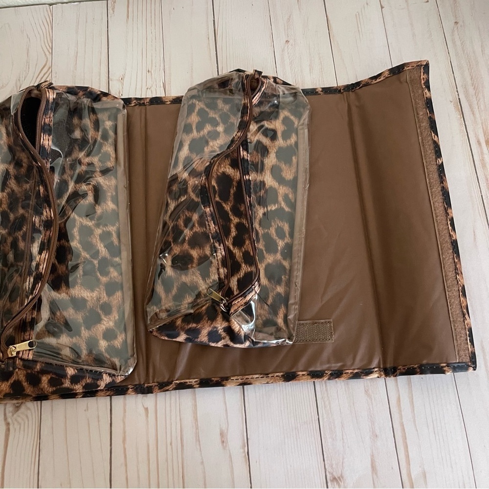 JM Collection Travel Leopard Fold Out Pouch Bag Brown - Picture 7 of 10